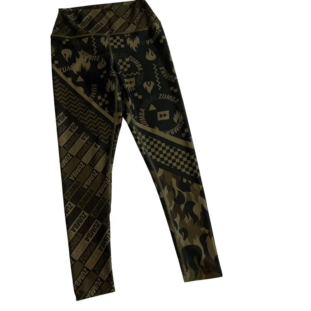 Zumba Activewear Leggings Women's Small Abstract Print Olive Green Dance Workout - Picture 1 of 4